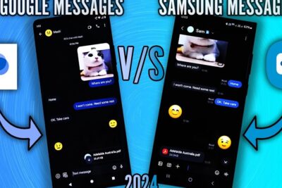 Side-by-side comparison of Google Messages and Samsung Messages messaging apps in dark mode.