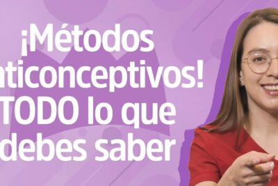 Purple informative banner with a smiling woman pointing and the headline metodos anticonceptivos 1 promoting contraception information