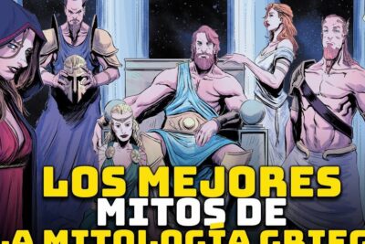 Comic-style scene of classical Greek gods and goddesses assembled on a throne with bold promotional text about mitologia griega