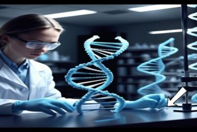 Laboratory researcher wearing gloves and goggles examining illuminated DNA models representing modifiserte organismer 1 in a sterile lab