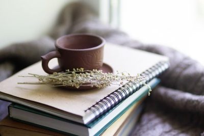 A ceramic cup resting on stacked notebooks with dried sprigs in soft light, evoking calm modstaende tilhaenger brugen receptfrie laegemidler.