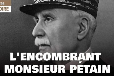 Black-and-white profile portrait of an elderly uniformed man with a large French headline overlay related to modstand xenofobi.