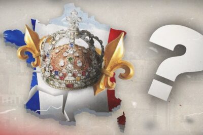 Jeweled crown and fleur-de-lis placed on a tricolour map of France beside a large question mark symbolizing monarchie france 1.