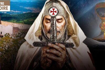 Hooded Templar knight holding an ornate cross with a ruined fortress and golden chalice in the background, monumenter steder 1.