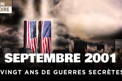 Dramatic September 2001 skyline with American flag-covered towers evoking motstand terrorisme