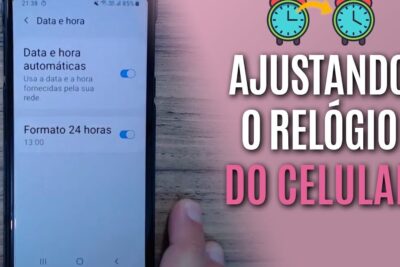 Phone settings screen in Portuguese showing date and time automatic and 24-hour format toggles for mudanca horario