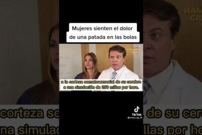 TikTok screenshot of a doctor and a woman with Spanish captions mentioning mujeres experimentan pain from a kick to the testicles