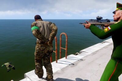 Soldier in camouflage with hands bound at the edge of a pier under an armed guard, illustrating muligheten a.