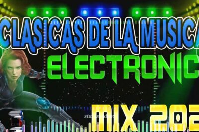 Neon cover art for musica electronica 1 with bold ELECTRONICA lettering, equalizer bars and colorful stage lights