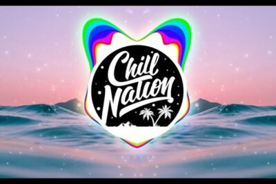 Chill Nation circular logo with palm trees over pastel ocean waves and neon rainbow visualizer indicating musica elettronica 1