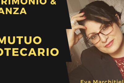 Professional woman wearing glasses posed beside bold black and yellow graphic text about mutuo ipotecario.