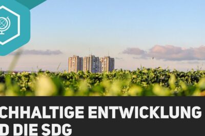 A green field in the foreground with distant high-rise apartment blocks under a clear sky, visually representing nachhaltige entwicklung 1.