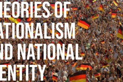 Dense crowd waving German flags beneath the headline 'Theories of Nationalism and National Identity', illustrating national identitet 1.