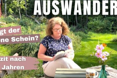 Middle-aged woman reading outdoors on a bench by a wooden table with flowers and a mug, illustrating nationellt identifikationsnummer and emigration planning
