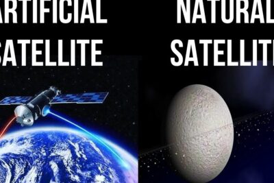 Side-by-side image comparing an artificial satellite orbiting Earth and a natural satellite moon in space.