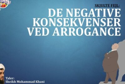 Blue poster titled 'De negative konsekvenser ved arrogance' depicting a man with crossed arms and a kinglike shadow illustrating negative konsekvenser.