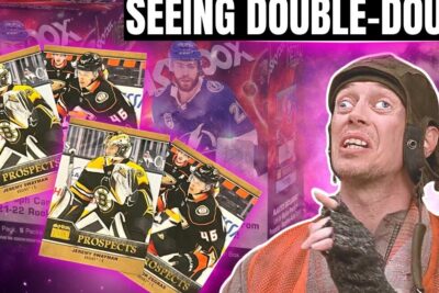 Collage of hockey prospects trading cards and a collector box with a surprised character, nein weiterer