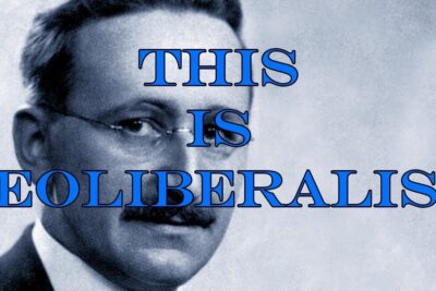 Black-and-white portrait of a bespectacled man with a mustache overlaid by large blue text mentioning neoliberalism ar.