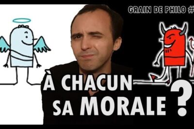 Winking man between cartoon angel and devil with bold text questioning morality, evoking nietzsche realisme themes.