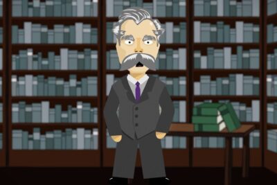 Stylized cartoon of a gray-haired, mustached scholar in a library wearing a suit and purple tie, nietzsche realismo 2.