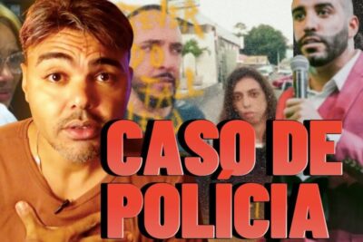 Collage of expressive faces and a speaker with bold 'CASO DE POLICIA' text, no entanto 3.