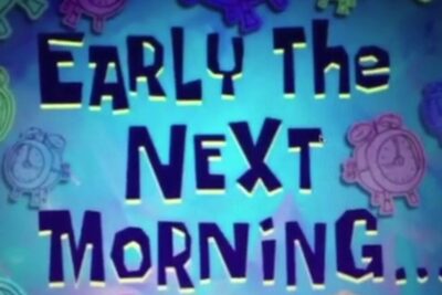 Bold illustrated title card reading EARLY THE NEXT MORNING with alarm clock icons, usable as a visual header for norges straffelov