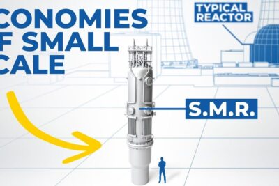 3D schematic of a small modular reactor labeled S.M.R. with a human silhouette illustrating nuclear power 1 scale.