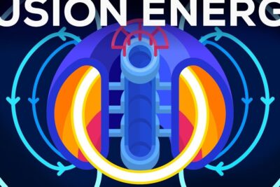 Stylized tokamak fusion reactor with glowing plasma and magnetic field lines, nuklear energi 1
