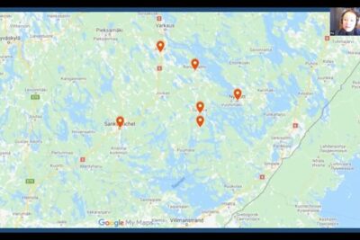 Screenshot of a Google My Maps view with multiple orange location markers and a presenter thumbnail discussing nya universitetslagen.