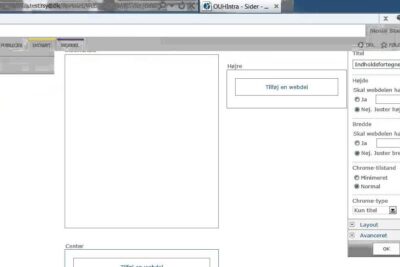 Screenshot of an intranet web part editor showing layout panels and settings with nye andringer 1.