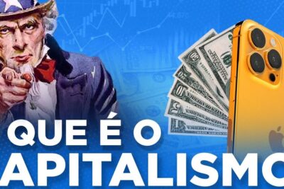 Patriotic poster-style figure pointing at viewer beside US dollar bills and a gold smartphone illustrating o capitalismo