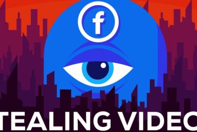 Blue surveillance eye with Facebook icon over a silhouetted city skyline highlighting stealing videos o facebook 2