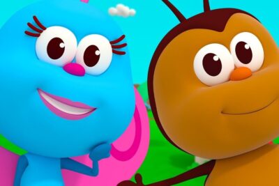 Two smiling 3D cartoon characters, a blue butterfly and a brown bee, playful illustration o infantil.