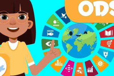 Girl with glasses pointing to a smiling globe surrounded by colorful sustainable development icons highlighting objetivos desenvolvimento 1.