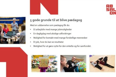 Presentation slide showing '5 gode grunde til at blive pædagog' with classroom photos and text about pedagogy and obligatorisk varnepligt 1