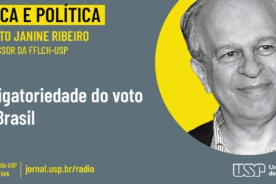 Banner with a circular yellow portrait and bold typography highlighting obrigatoriedade voto and electoral ethics
