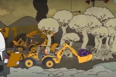 Animated construction vehicles and a hard-hat inspector clearing stylized trees, representing obsolescencia programada 2.