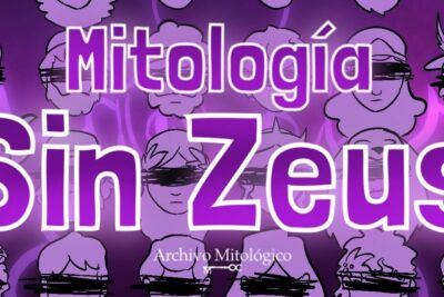 Purple illustrated banner reading 'Mitología Sin Zeus' with repeated stylized faces whose eyes are blacked out, promoting odiseo zeus