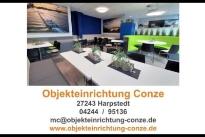 Bright modern cafeteria interior for offentlichen raumen featuring green booth seating, communal tables, plants, and wall murals.