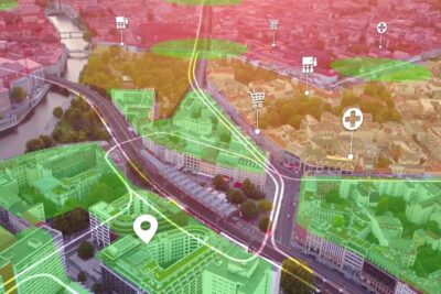 Aerial urban map with colored service zones, icons and a location pin labeled offentlicher dienstleistungen 1.