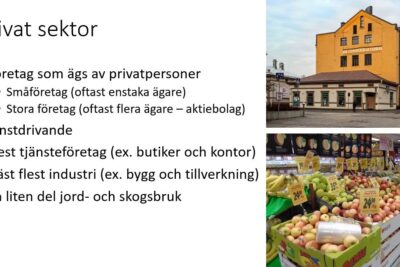 Presentation slide about the private sector showing a city building and a supermarket produce aisle, offentliga foretag 1.