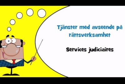 Cartoon presenter pointing to a speech bubble about offentliga tjanster and judicial services