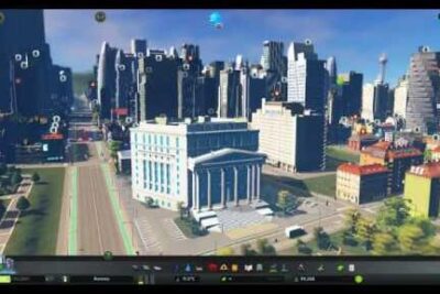 Simulated downtown scene with a neoclassical civic building, surrounding high-rise skyline and service icons visible, offentlige tjenester 4.