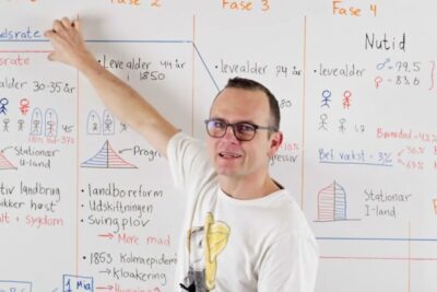 Person pointing to a whiteboard filled with demographic charts and handwritten notes about okonomisk vakst 2.