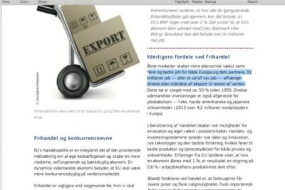 Hand truck with a box labeled EXPORT next to brochure text discussing okonomisk vakst 3.