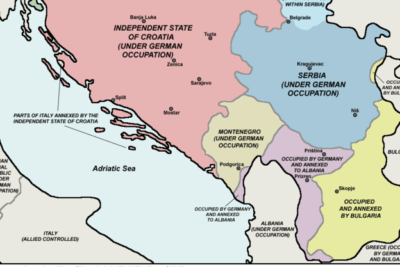 Color-coded 1943 map of Yugoslavia highlighting areas okupaatiossa on German, Hungarian, Italian and Bulgarian occupation and annexation.