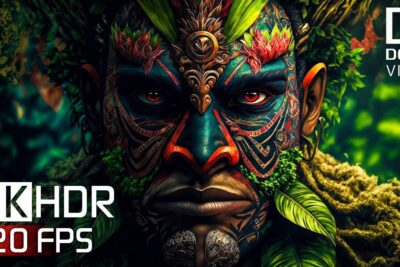 Close-up of richly painted tribal face framed by lush foliage and moss, evoking olaglig gruvdrift concerns