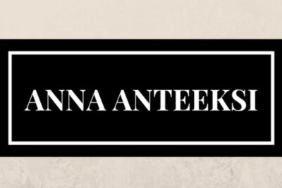 Black rectangular plaque with white double border and bold serif text 'ANNA ANTEEKSI' on tarkeaa 108.