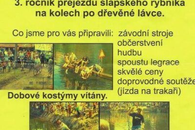 Czech-language 2004 event poster depicting cyclists crossing a pond on a wooden plank, on tarkeaa 18.