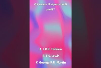 Colorful vertical quiz card in Italian asking who wrote 'Il signore degli anelli' with author options, highlighting opere letterarie.